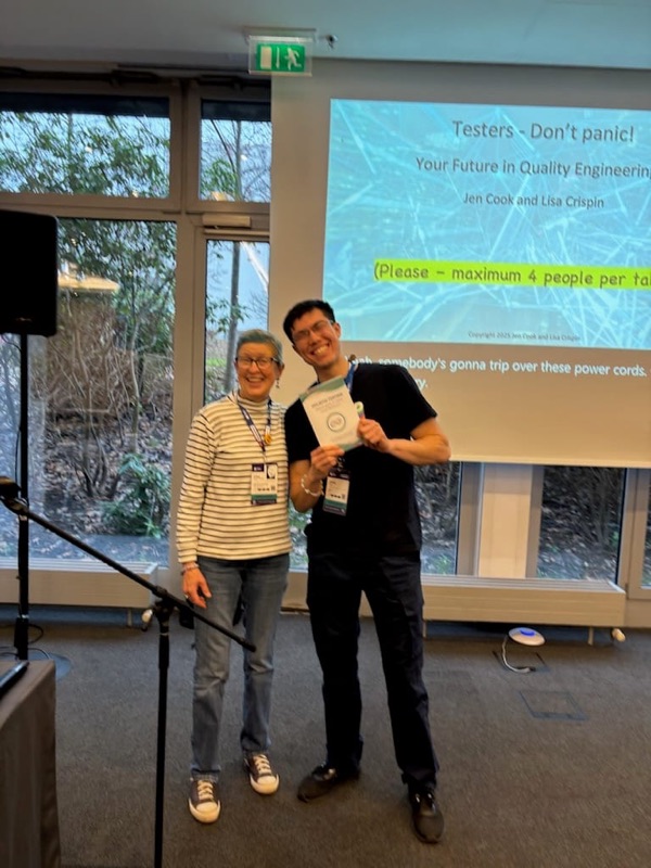 Jonas Hulthén with testing luminary Lisa Crispin at a quality-engineering conference workshop, both smiling